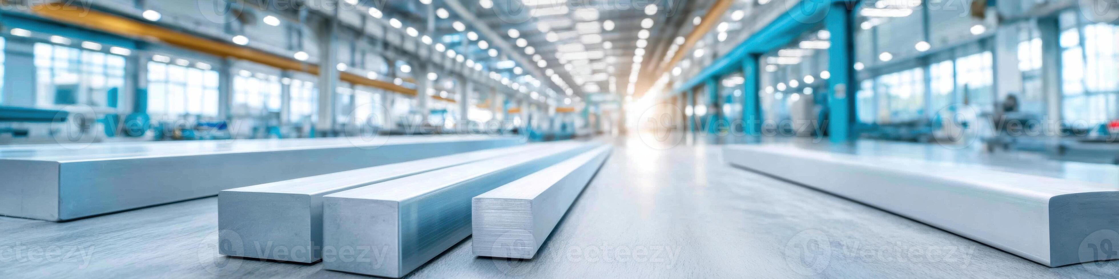Dynamic view of display stands being assembled in bright factory environment with space for text photo
