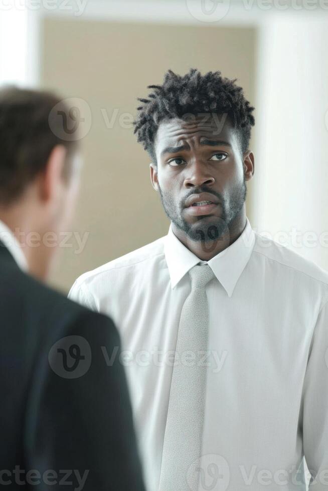 Young Black man seeks support from colleague to manage workplace stress and promote mental health awareness photo