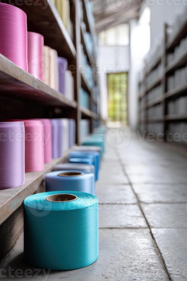 Colorful decoration ribbons arranged neatly in a cheerful garage with spacious middle area photo