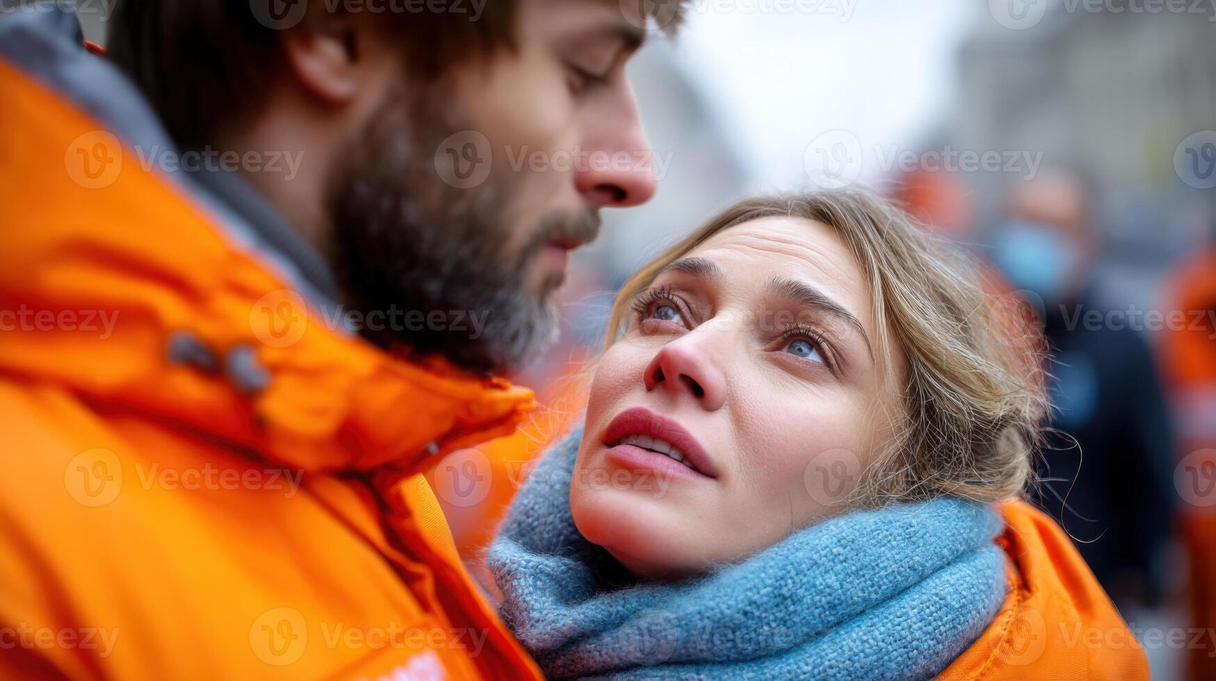 Couple embraces during a chilly outdoor event in vibrant orange attire photo