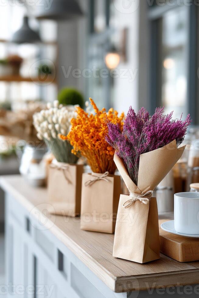 Colorful dried flower bouquets displayed creatively in a bright indoor setting for cheerful decor photo