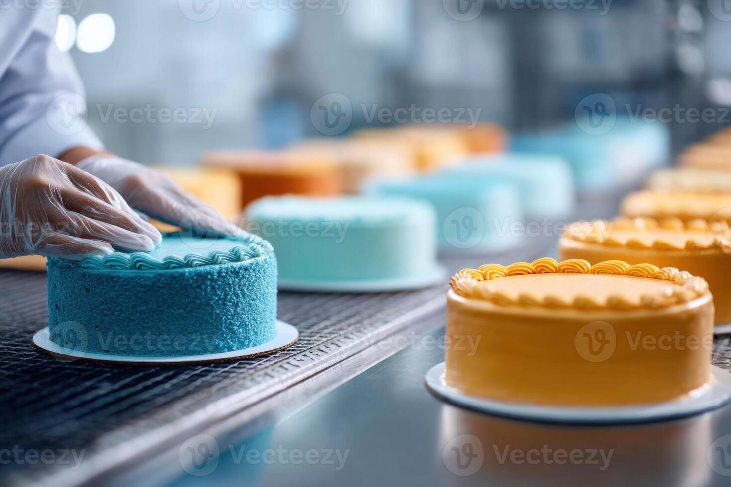 Colorful cakes being crafted in a lively bakery environment with intricate designs and vibrant frosting photo