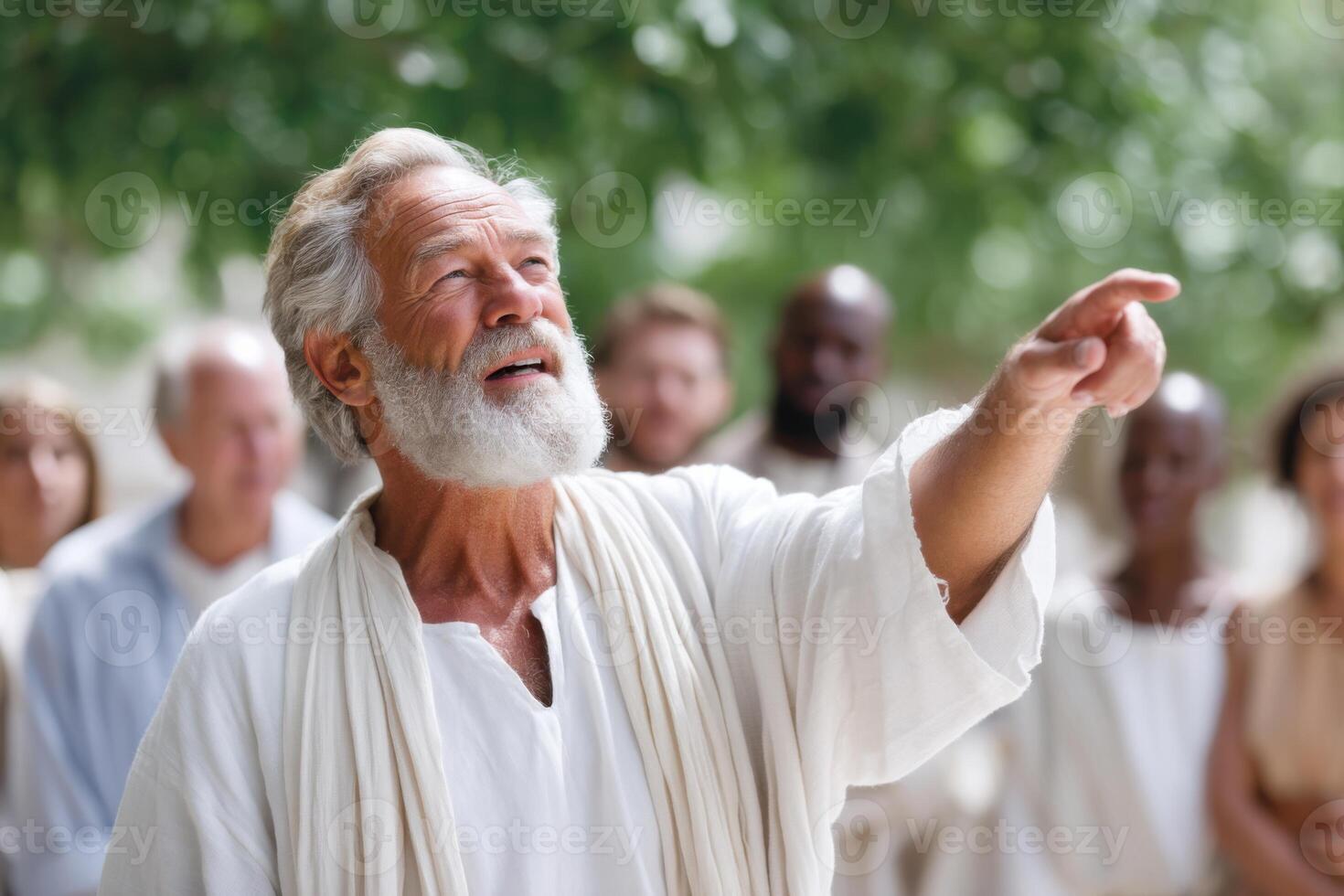 Prophet Isaiah passionately addressing a crowd with vivid expressions in an outdoor setting photo