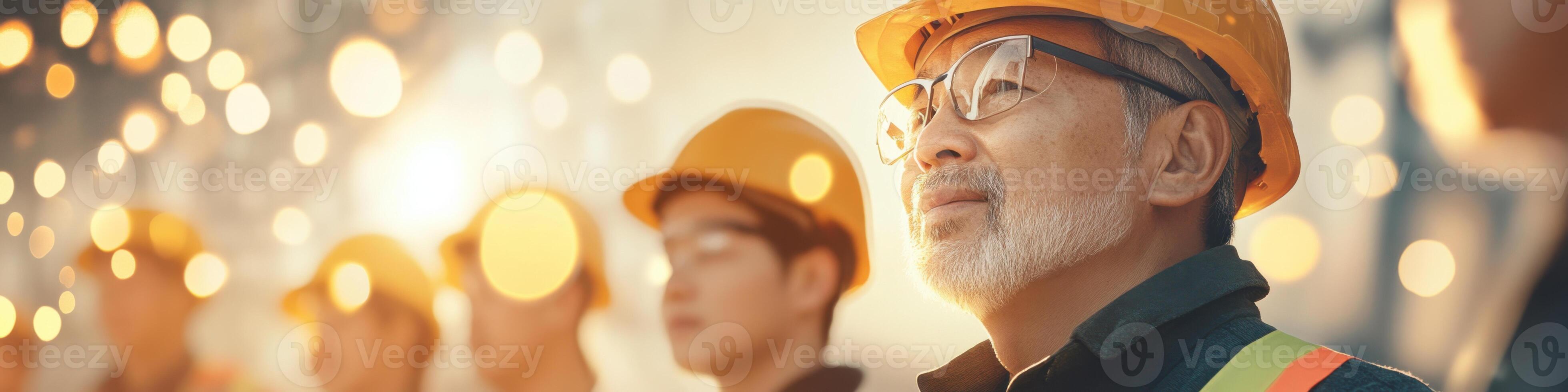 Elderly Asian cementer instructs trainees on construction techniques in a bustling work environment photo