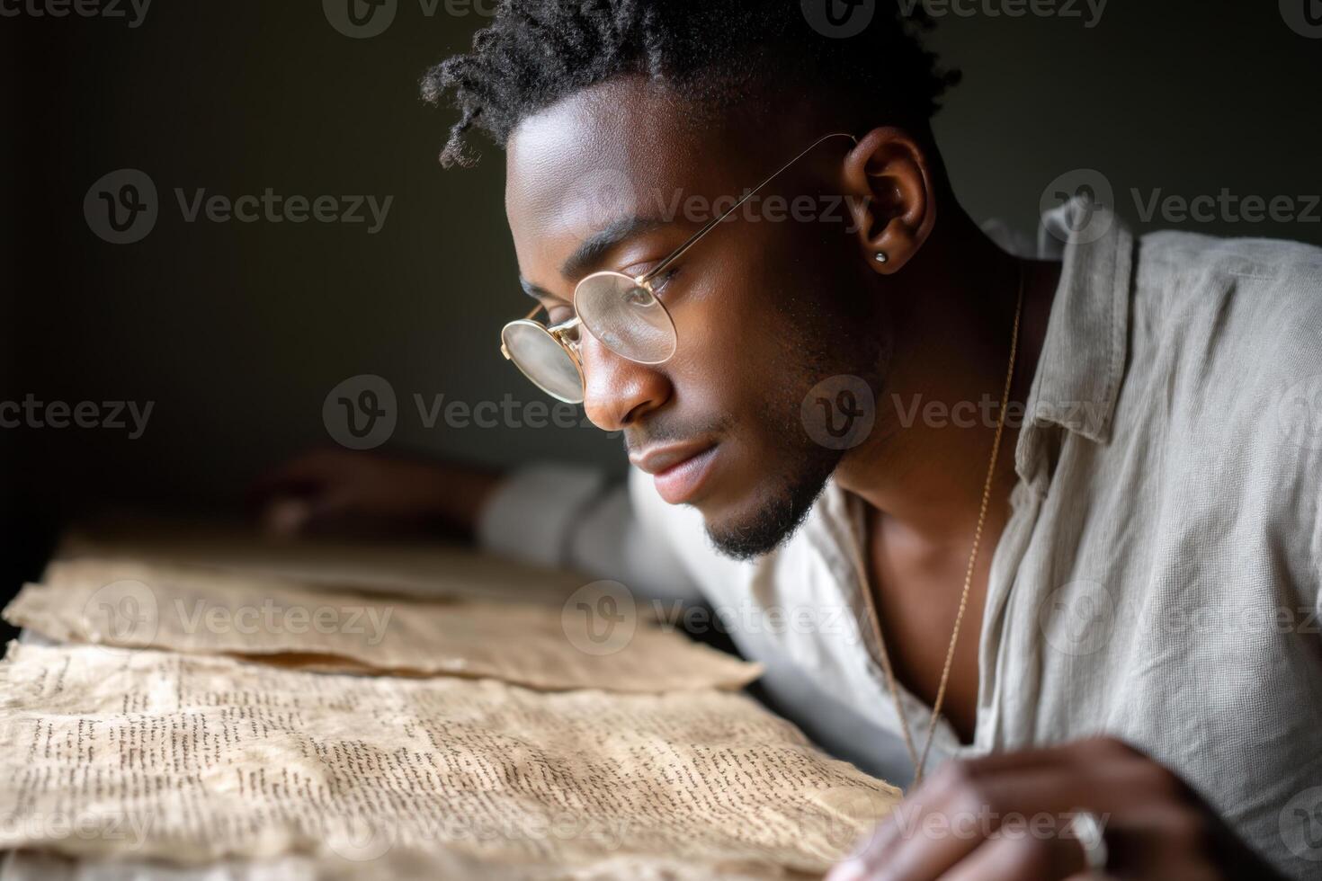 Inquisitive historian examining ancient texts while exploring past narratives and historical contexts photo