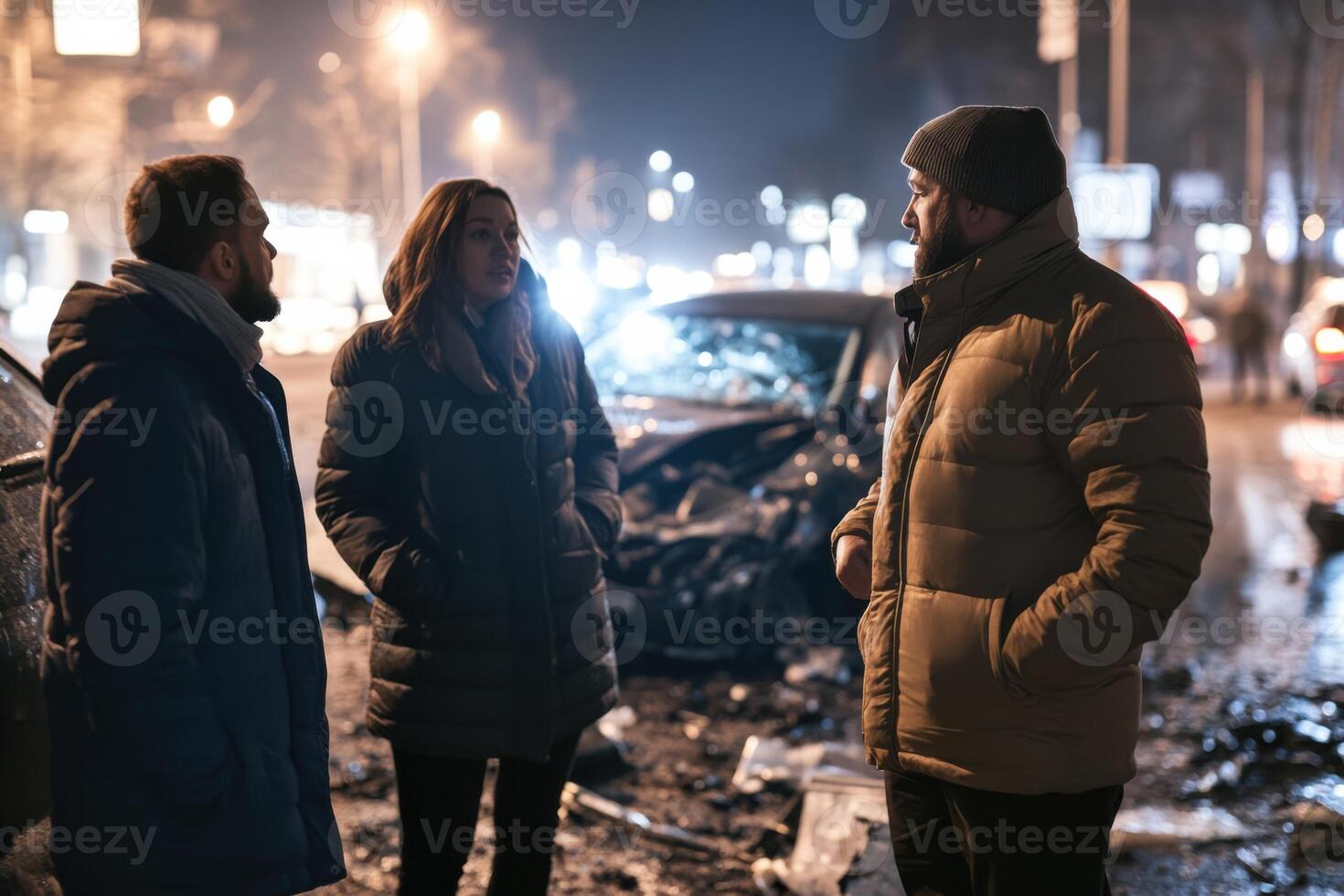 Emergency discussion after traffic accident involving a group of diverse individuals at night photo
