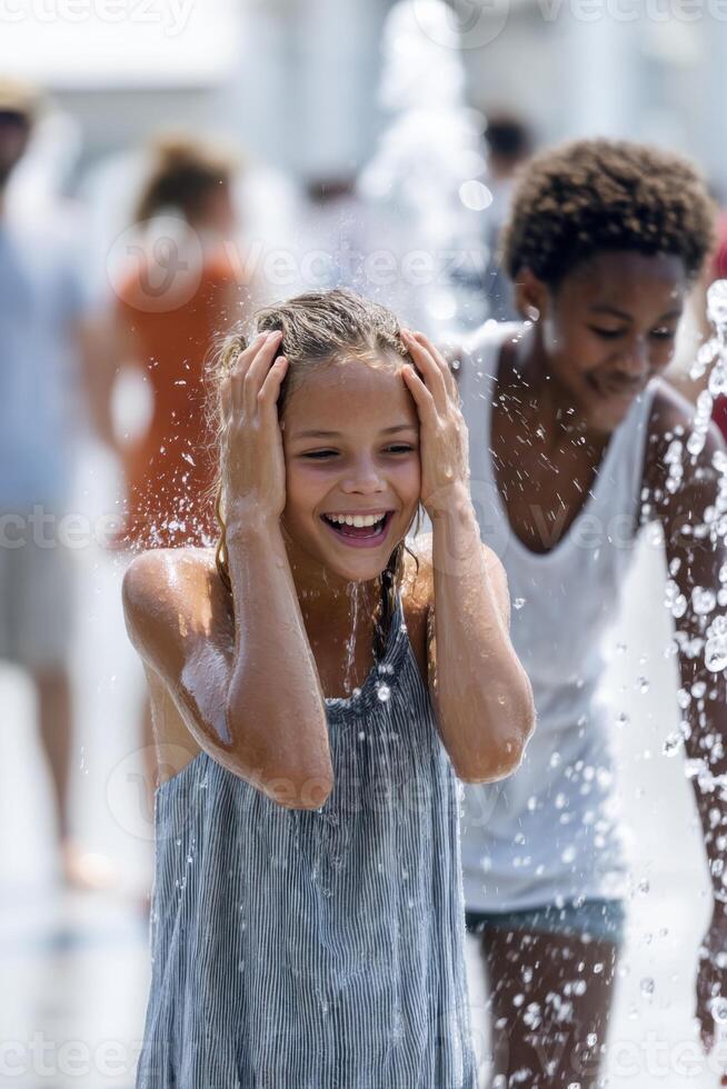 Diverse friends enjoying a joyful day at the splash pad under the summer sun photo