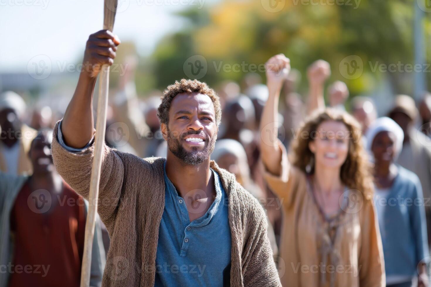 Diverse group shows unity and support for courageous figure in uplifting rally outdoors photo