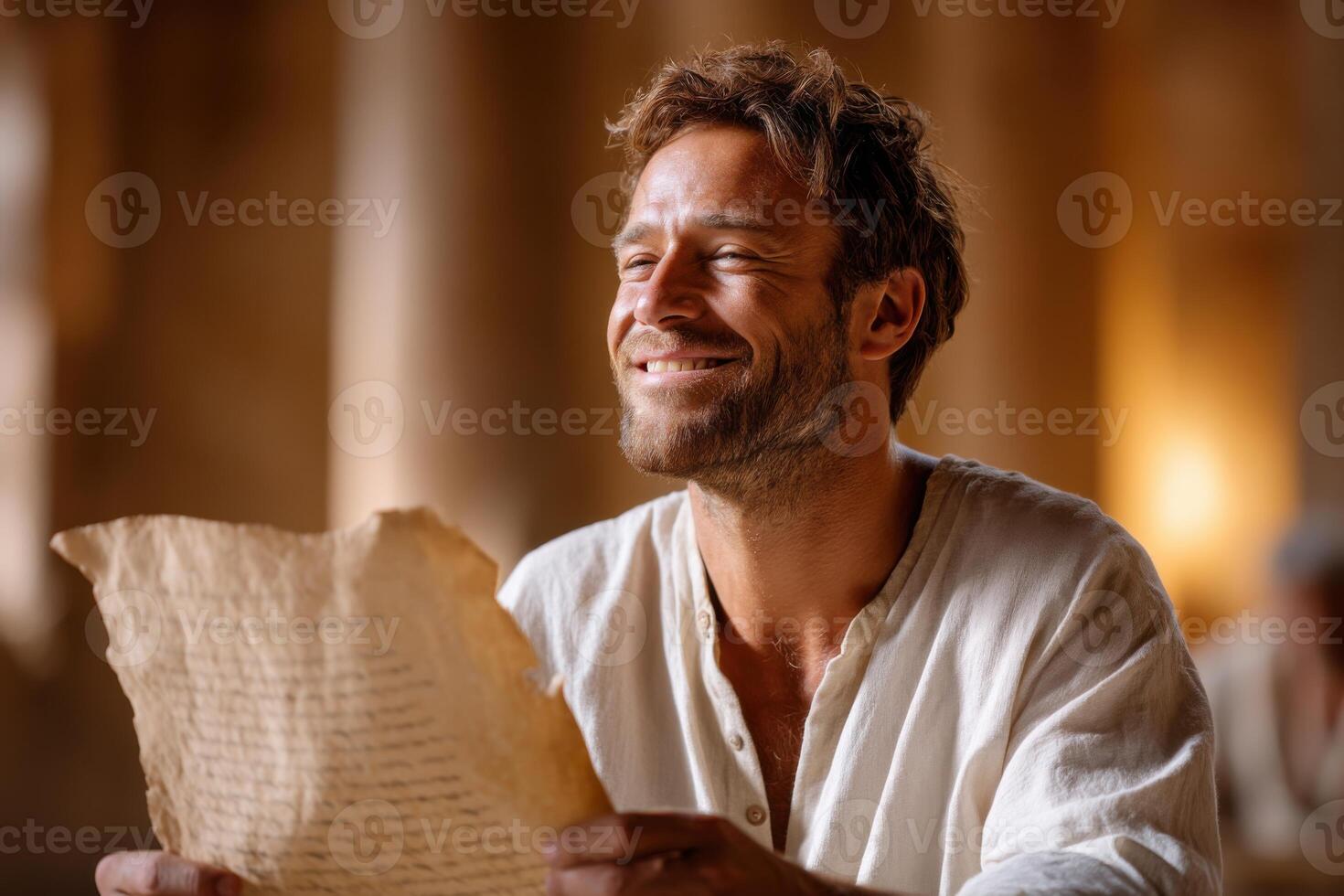 Joyful man reading ancient scroll in sunlit room filled with vibrant colors photo