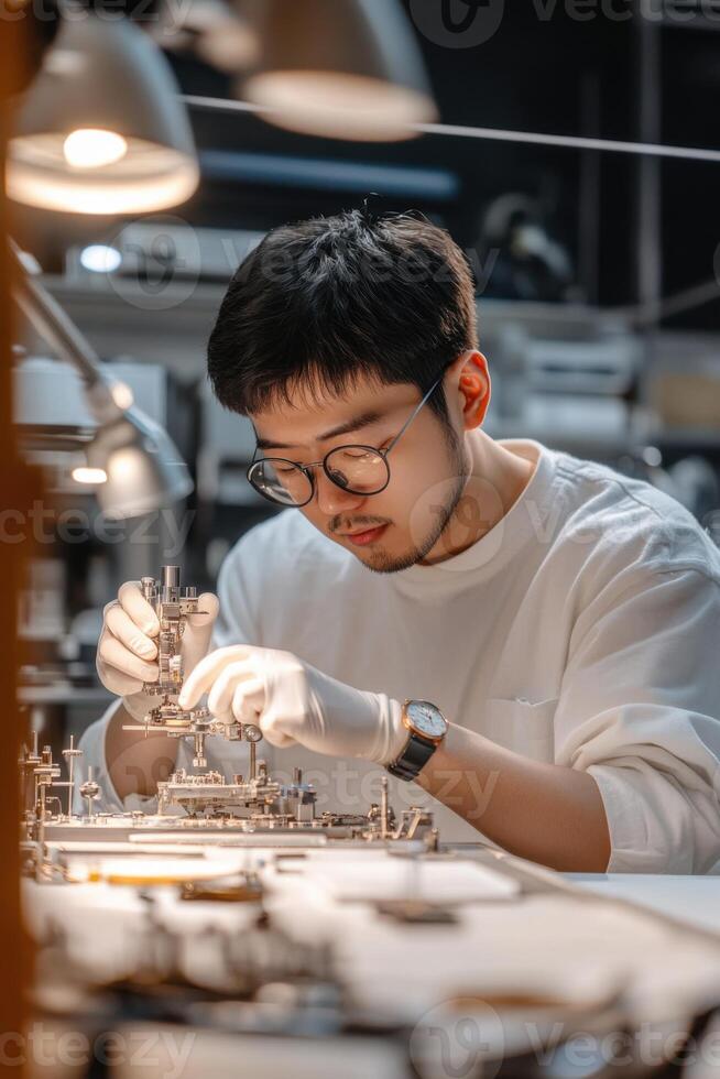 Young technician restoring mechanical watch in clean workshop environment photo