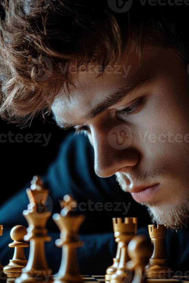 Young chess player focused intently during a competitive tournament match photo