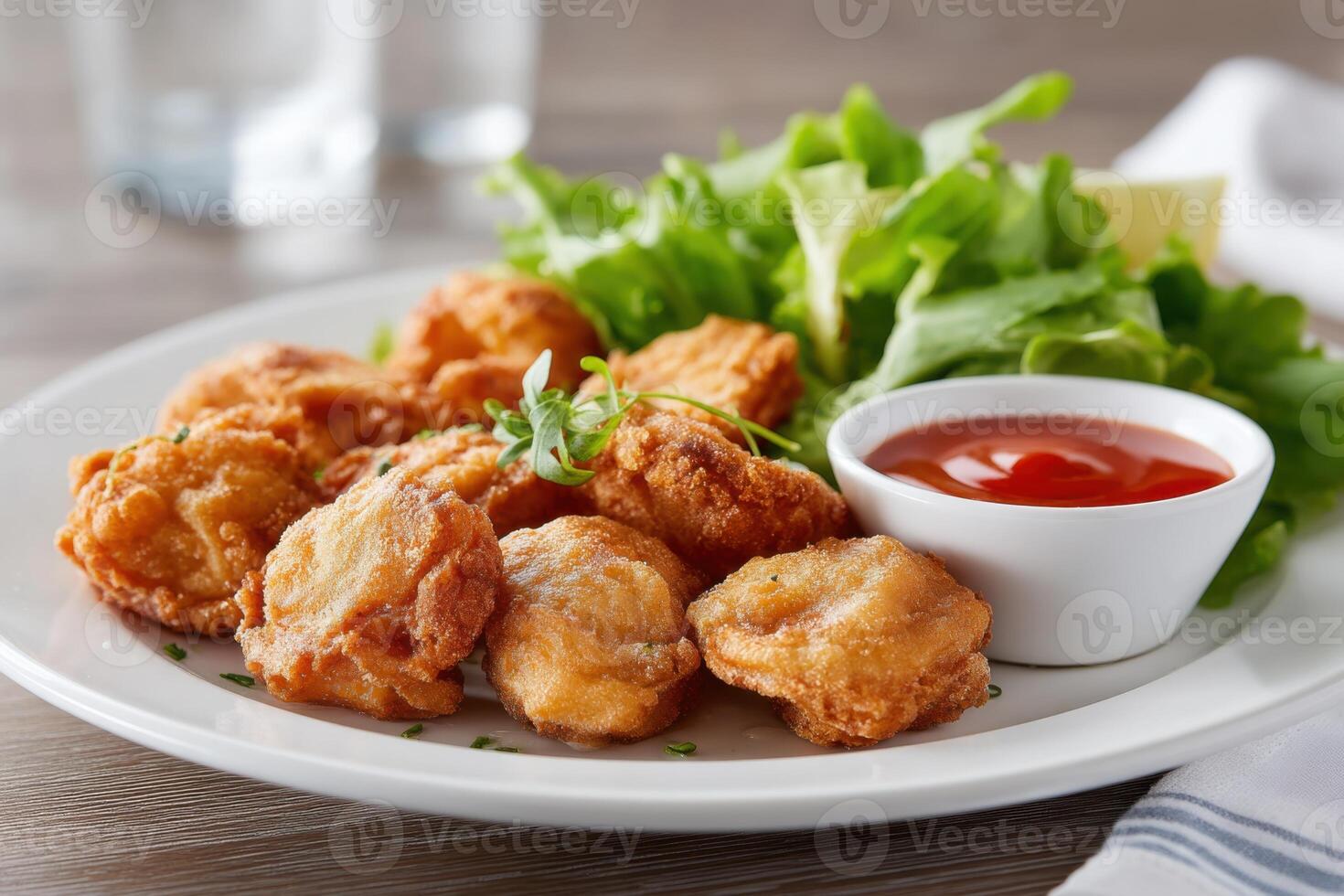 Enjoying delicious battered rocky mountain oysters served with dipping sauce and salad on a sunny day photo