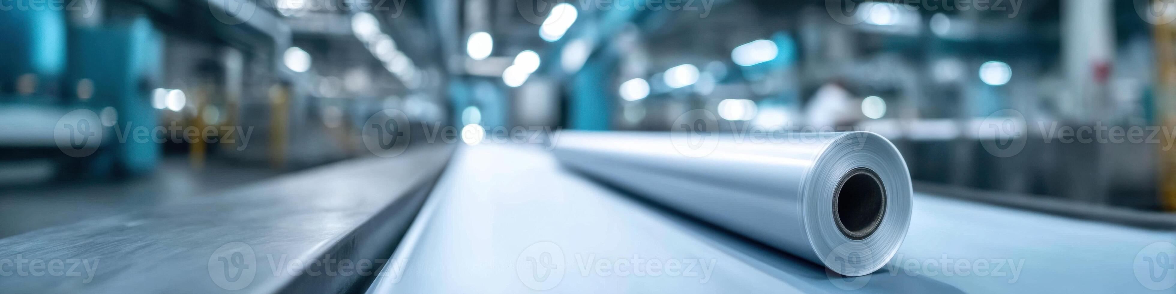 Dynamic view of packaging film production in a lively factory with ample space for text photo