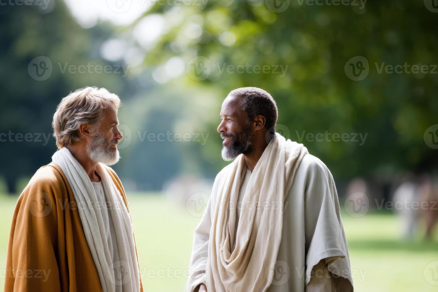 Thoughtful discussion between Jesus and Nicodemus in a serene outdoor setting photo