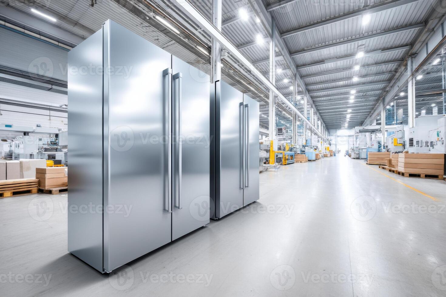 Refrigerators showcased in a modern manufacturing facility with a focus on production and branding opportunities photo