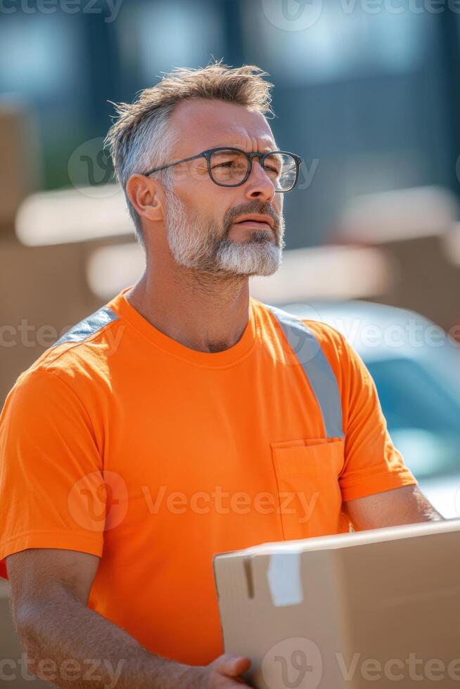 Middle-aged man discusses logistics improvements with delivery team to address delivery delays photo