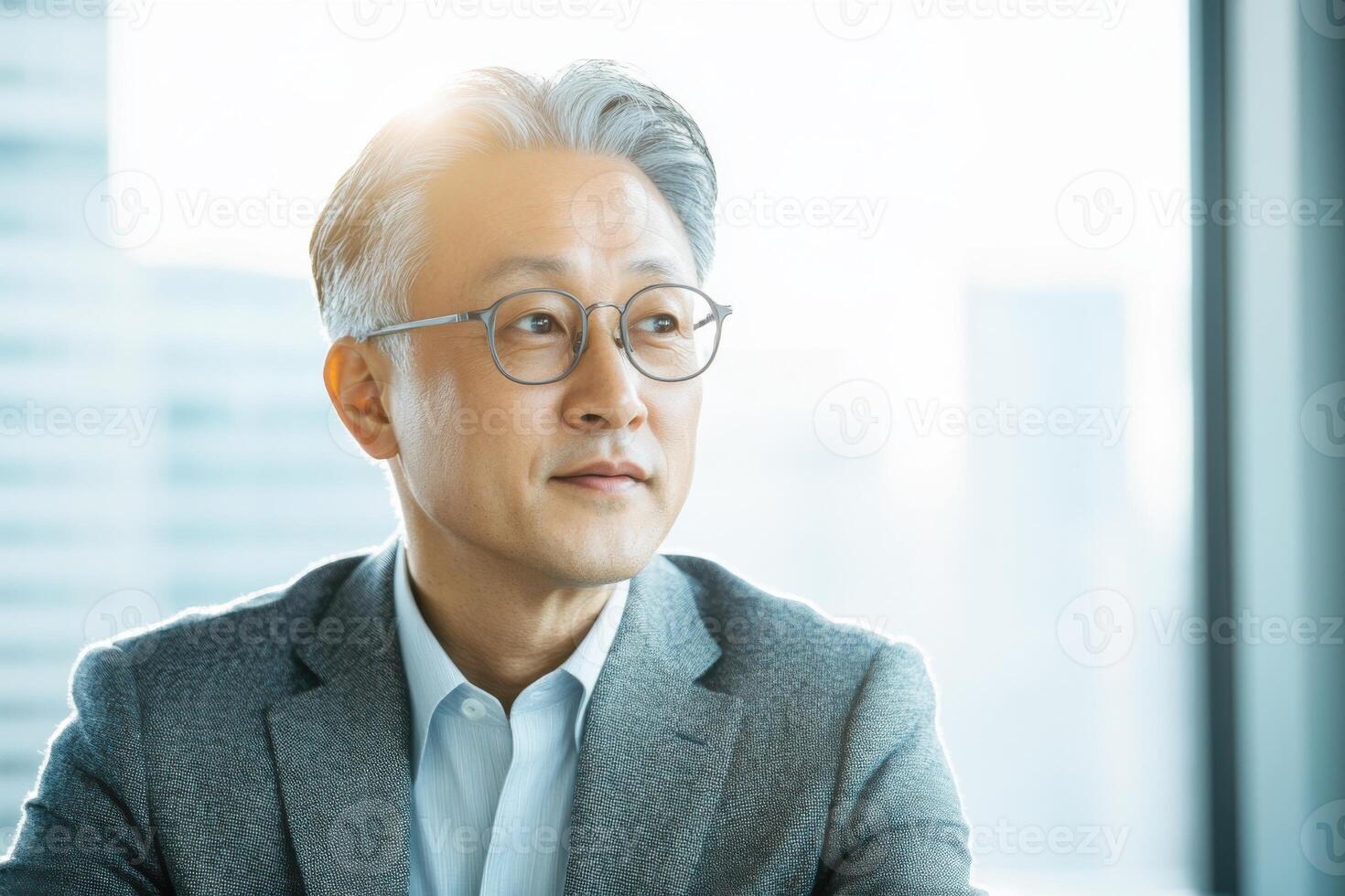 Middle-aged male financier discussing investment strategies with colleagues in a bright office setting photo