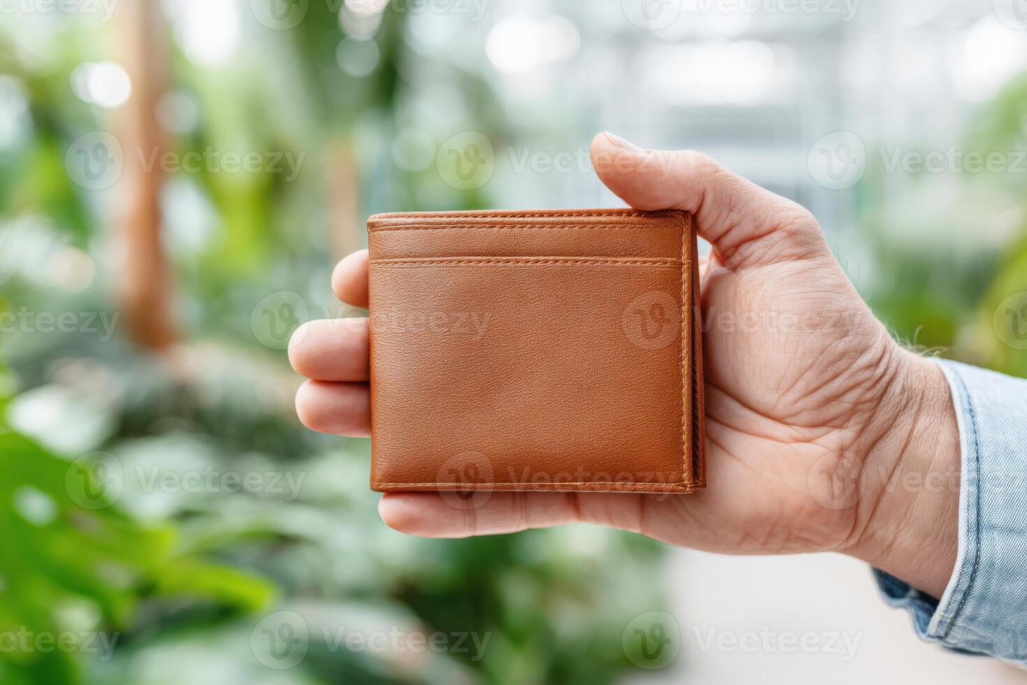 Stylish leather wallet held in hands amid vibrant greenery at a modern outdoor setting photo