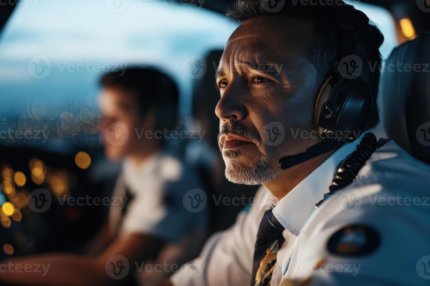 Training session with experienced aviation navigator guiding co-pilots in simulated cockpit environment photo