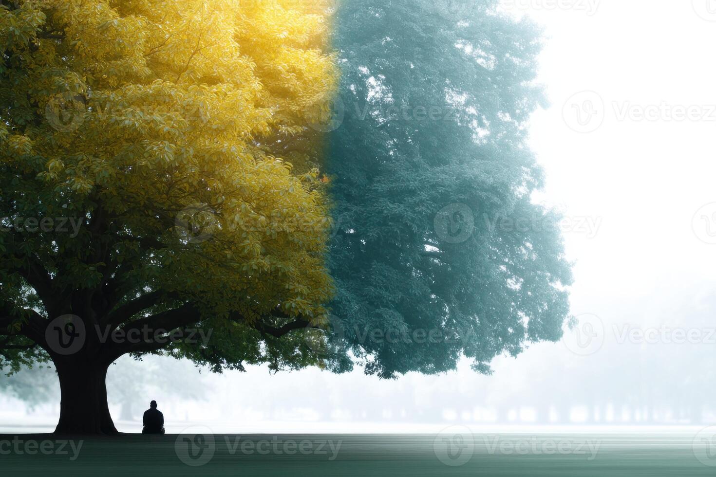 Contrast between choice and consequence in a vibrant garden with trees symbolizing life and knowledge photo