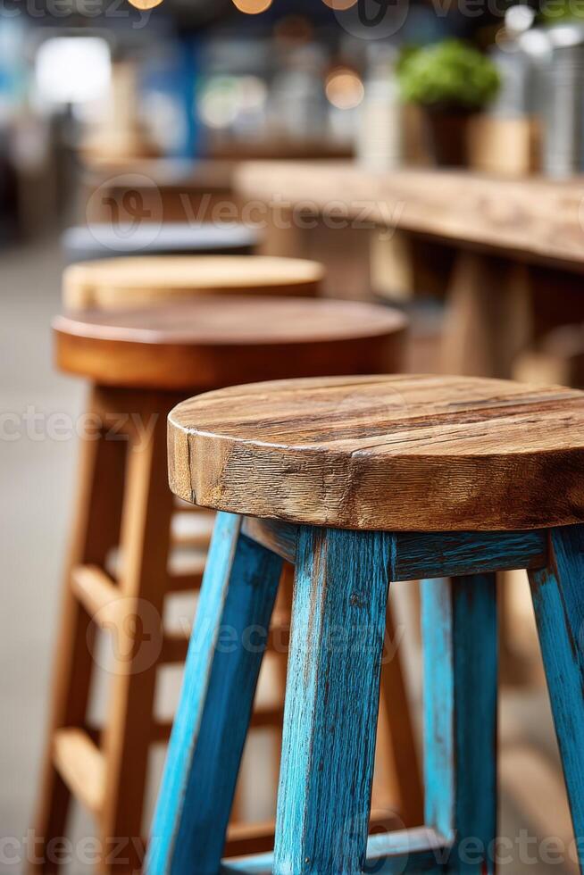Close-up exploration of artistic stools in vibrant dining settings photo