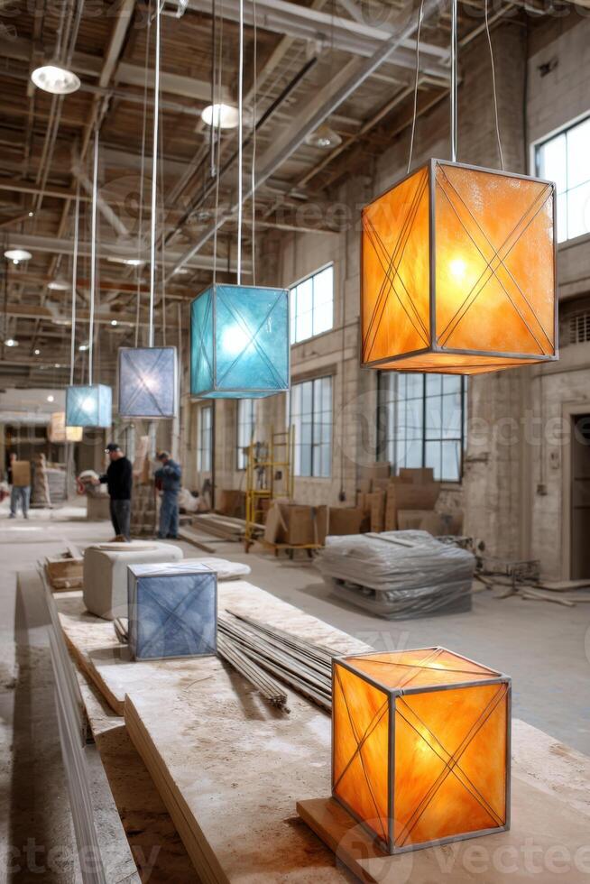 Bright colors and innovative designs shape light fixtures in a modern production space photo