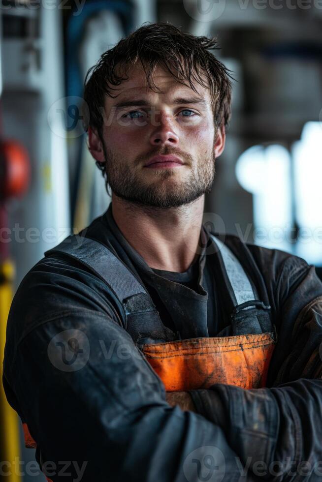 Young deckhand enjoys break with teammates, showcasing camaraderie onboard a fishing vessel photo