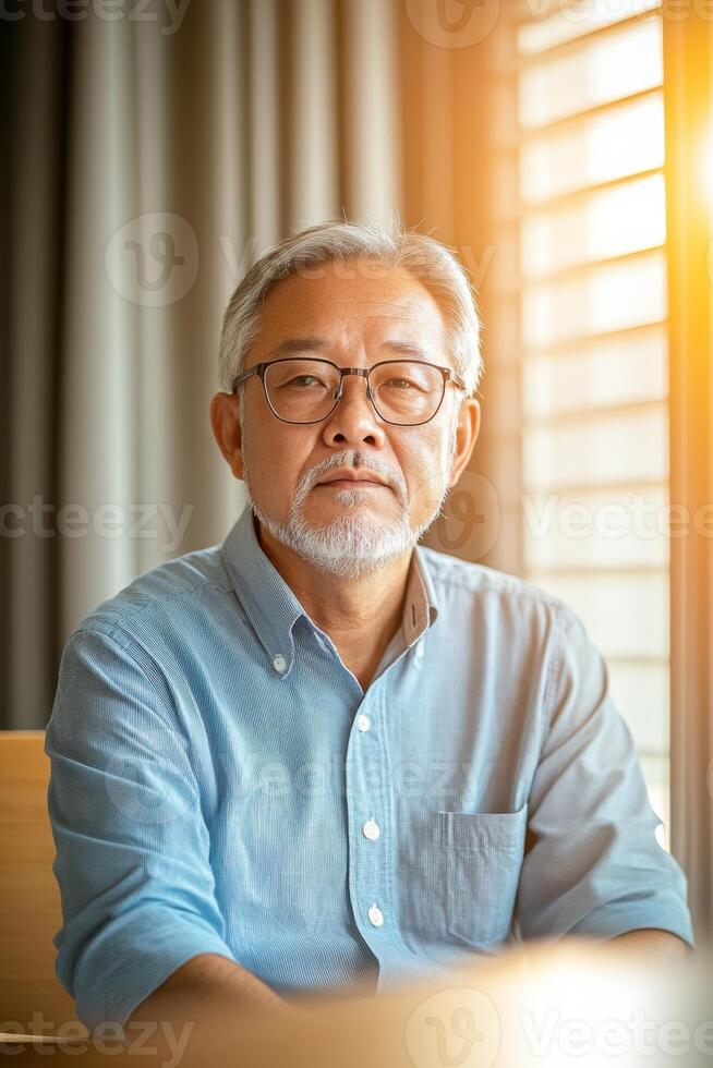 Senior Asian man discusses recovery after business bankruptcy with a support group photo
