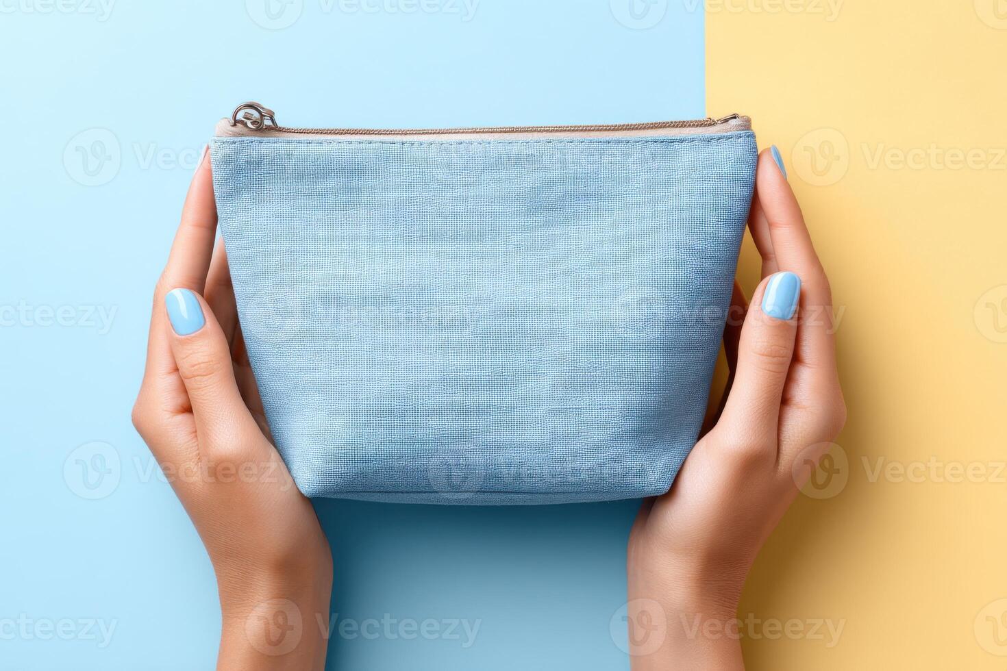 Bright cosmetic bag showcased with cheerful background for stylish presentation photo