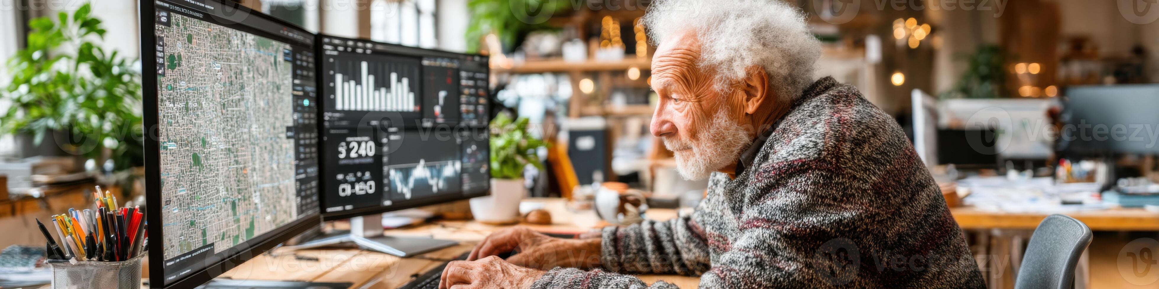 Elderly Hispanic male analyst working on financial forecasts in bright office space photo