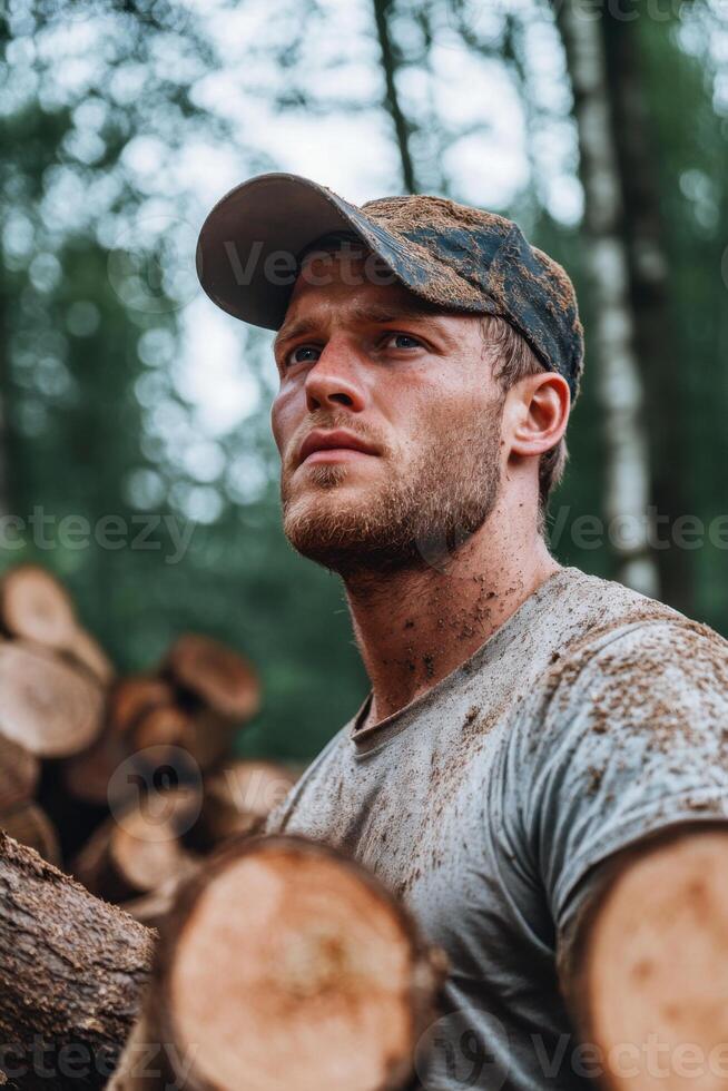 Young male efficiently stacking timber in a forest emphasizing coordination and teamwork photo