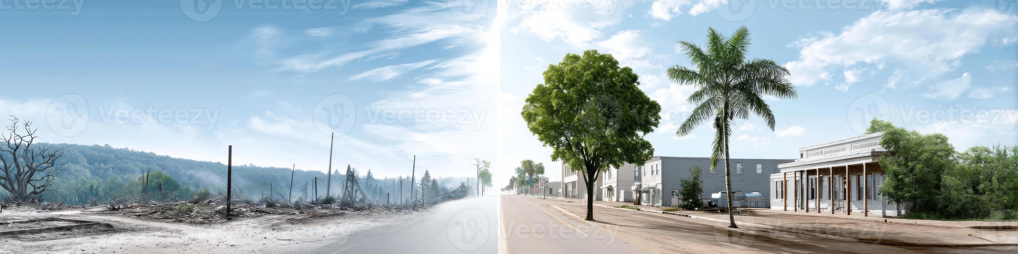 Dynamic before and after illustrating natural disaster devastation and community resilience photo