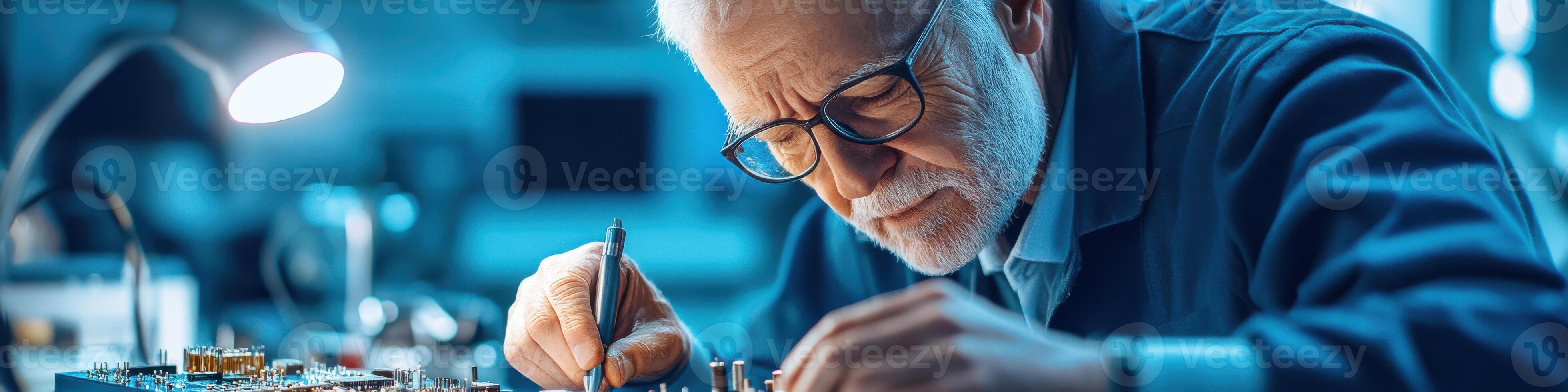 Elderly Hispanic male technician skillfully repairs a quartz watch circuit board in a workshop setting photo