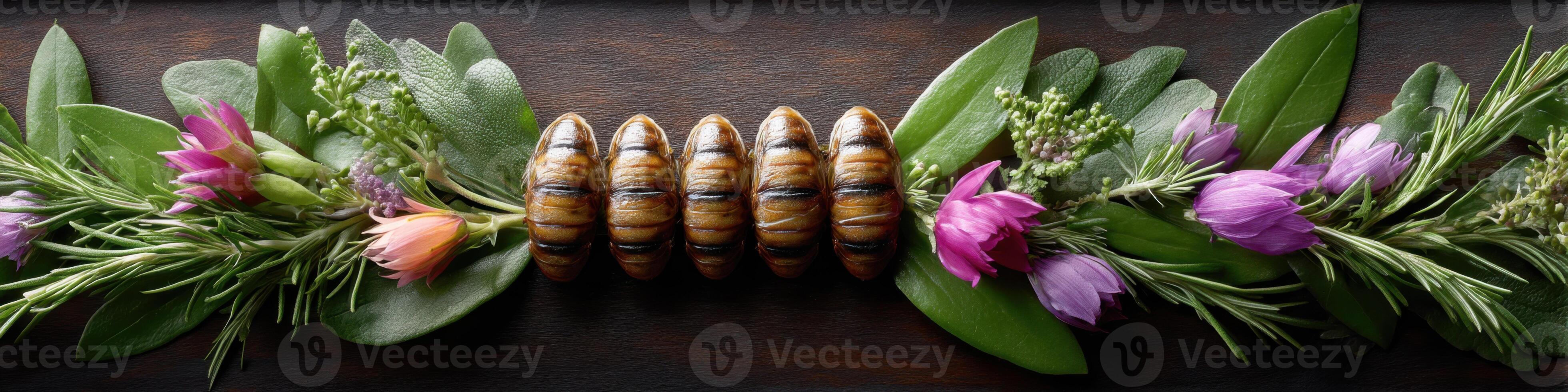 Unique cicada pie garnished with fresh herbs and vibrant flowers for a distinctive culinary experience photo