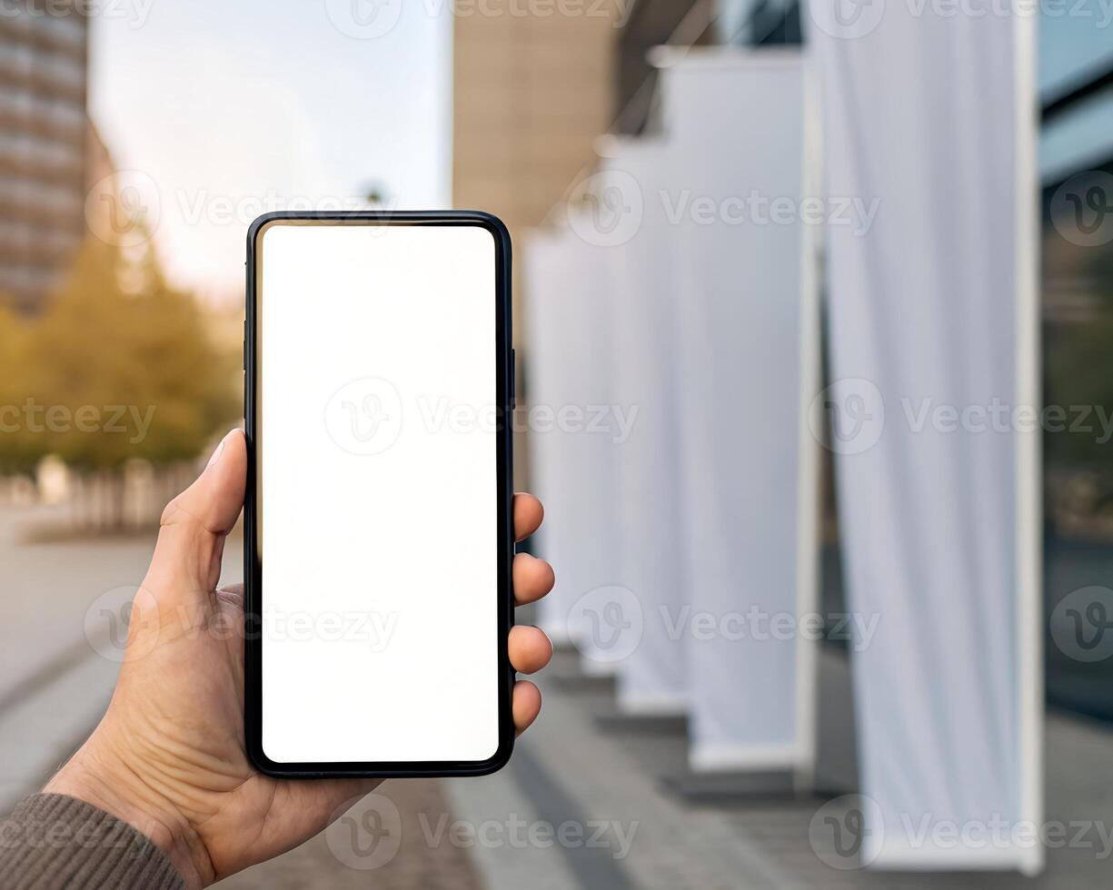 Person Holding Smartphone with Blank Screen Outdoors Near White Banners photo