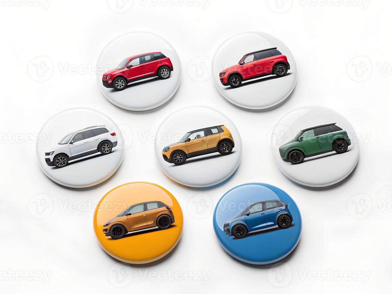 Collection of Colorful Car Buttons Red, White, Blue, Green, Yellow, and Orange Compact SUVs and Hatchbacks photo