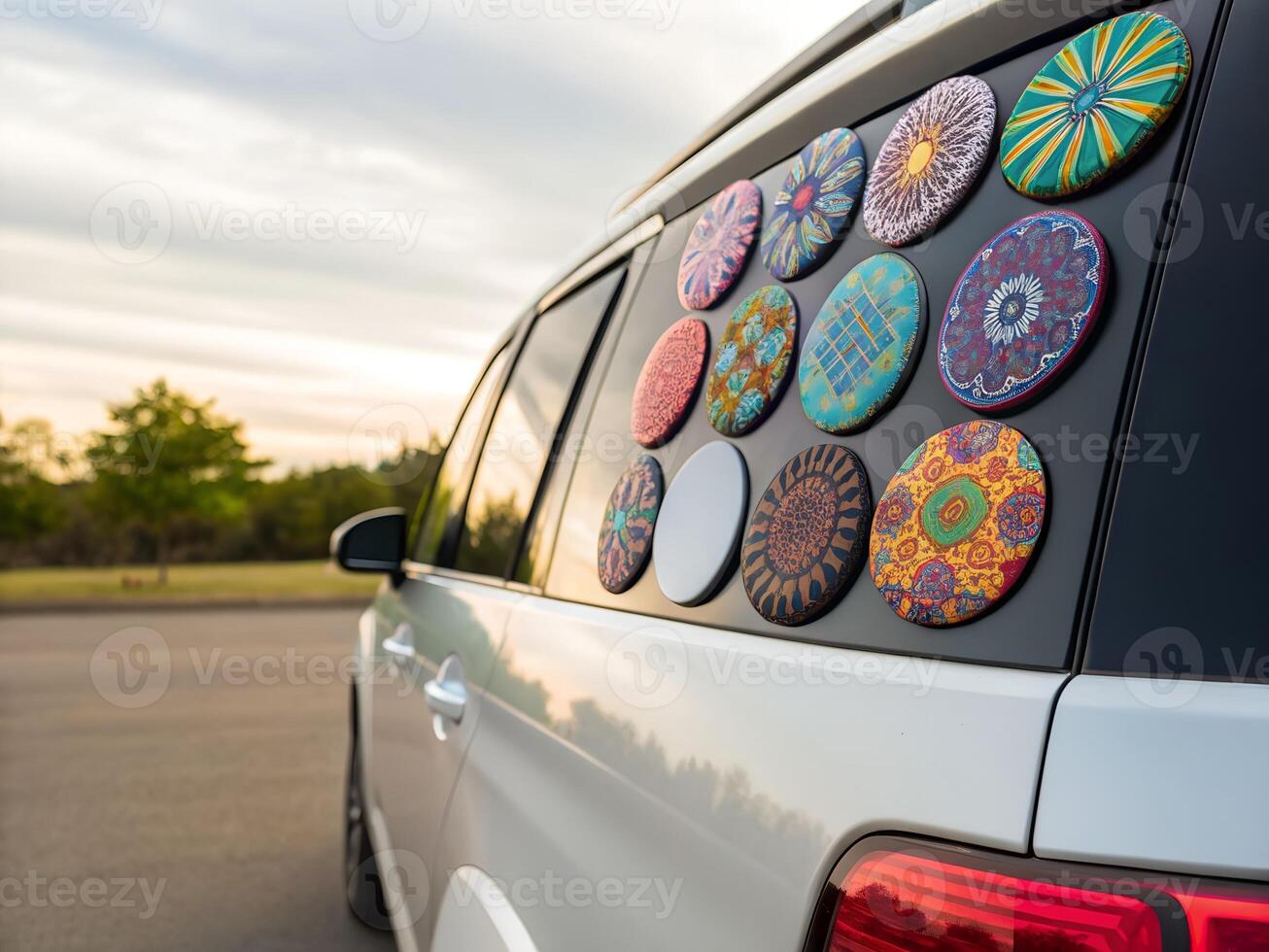 Colorful Circular Magnets on Car Rear Window photo