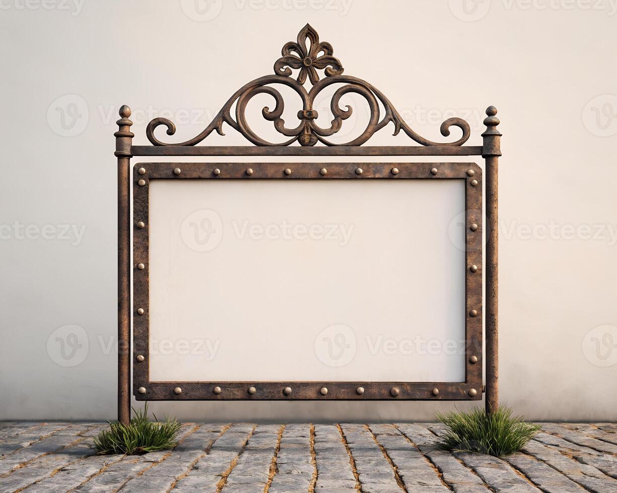 Rustic Ornate Metal Signboard with Blank White Space photo