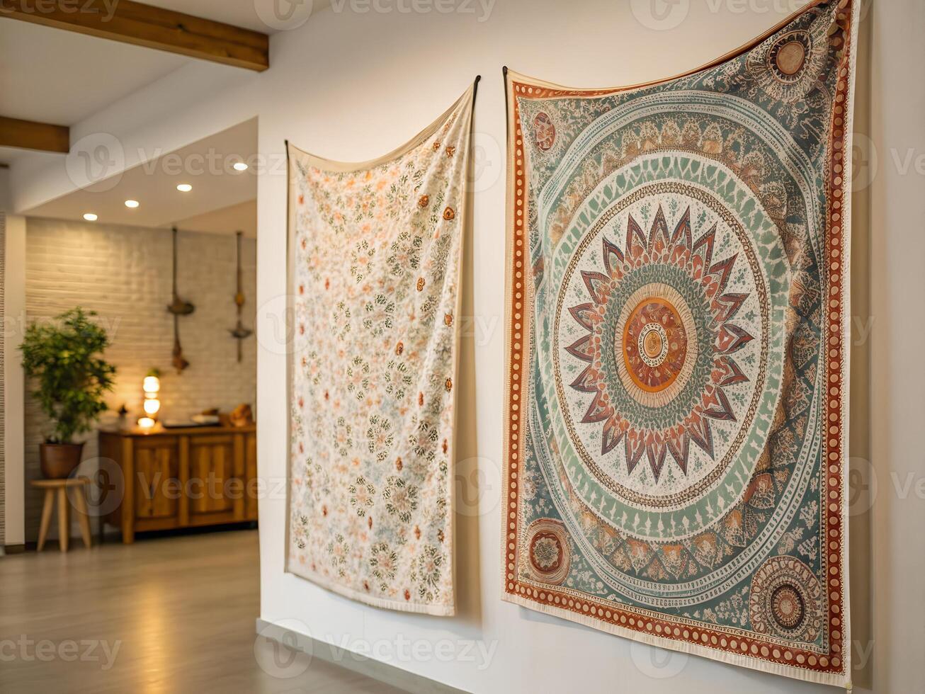 Two Colorful Tapestries Hanging on a White Wall in a Modern Interior photo