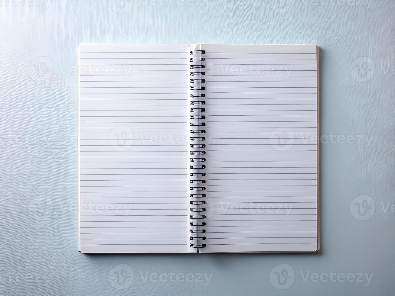 Blank Lined Notebook Open on Pale Blue Textured Background photo