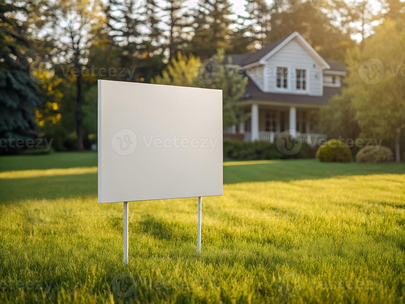 Blank Real Estate Sign in Green Grass with House Background photo