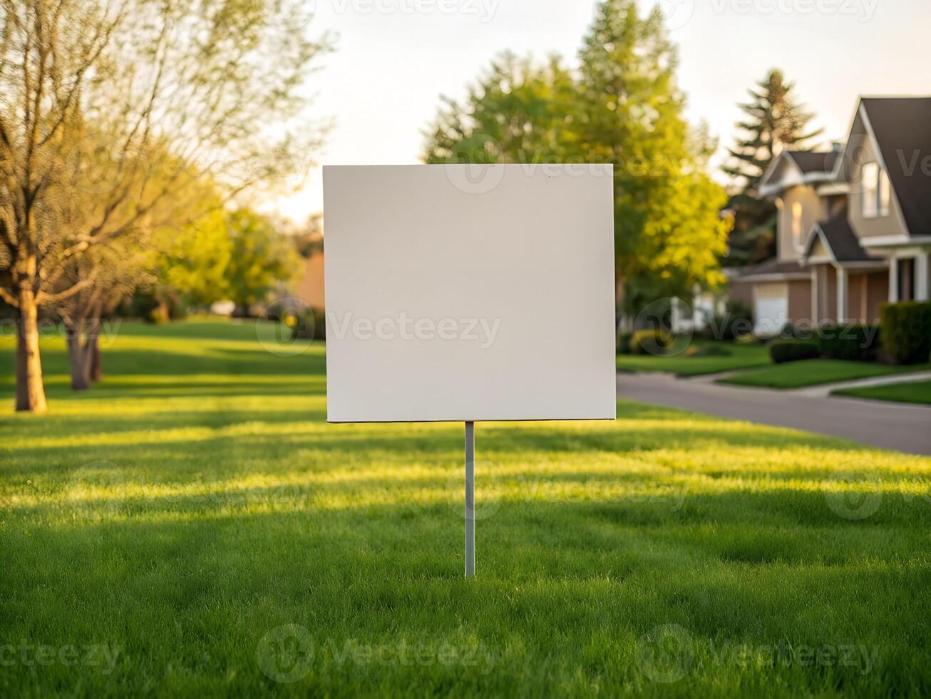 Blank White Real Estate Sign in Green Suburban Lawn photo