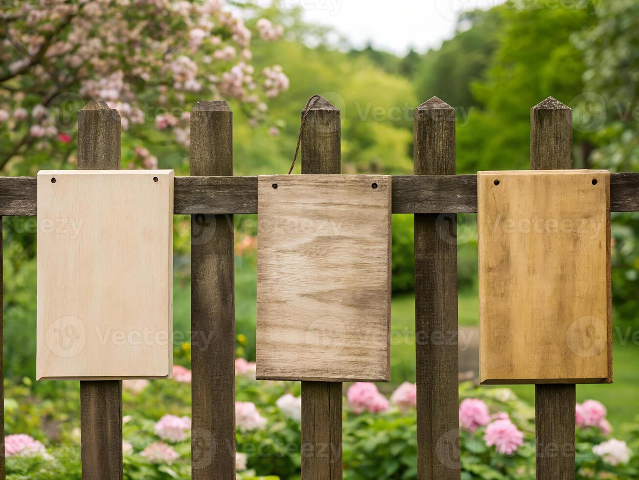Blank Wooden Signs on Rustic Fence in Spring Garden photo