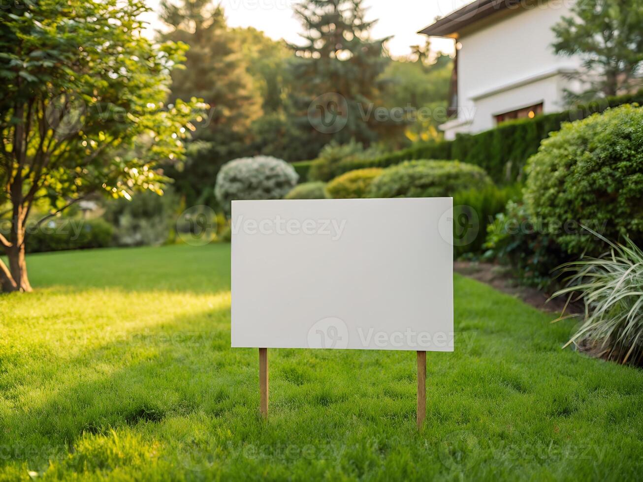 Blank White Sign in a Lush Green Lawn near a House photo
