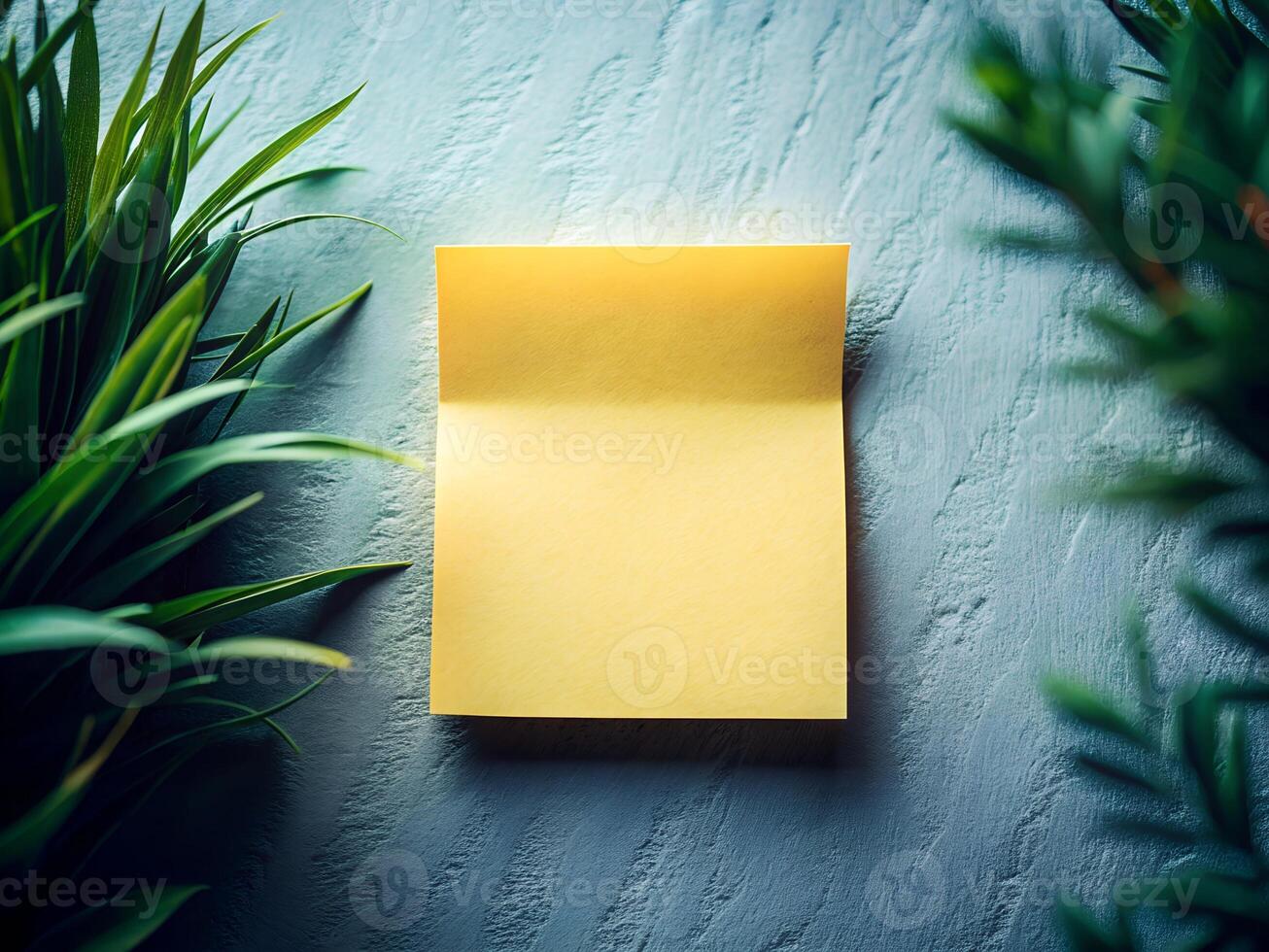 Blank Yellow Sticky Note with Green Plants on Blue Textured Background photo