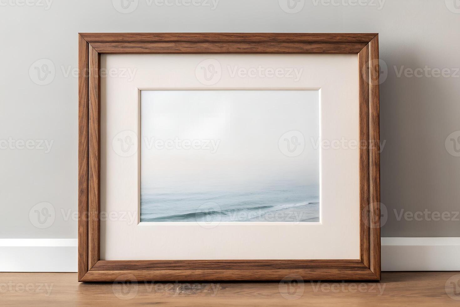 Calm Seascape Framed in Rustic Wood on Neutral Background photo