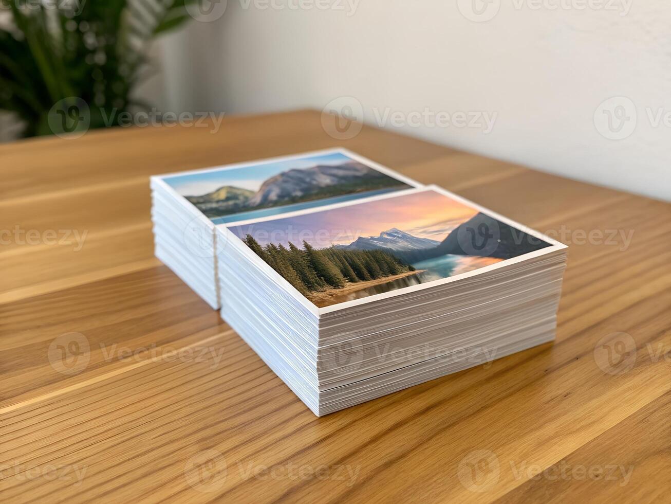Stack of Landscape Photo Prints on Wooden Surface