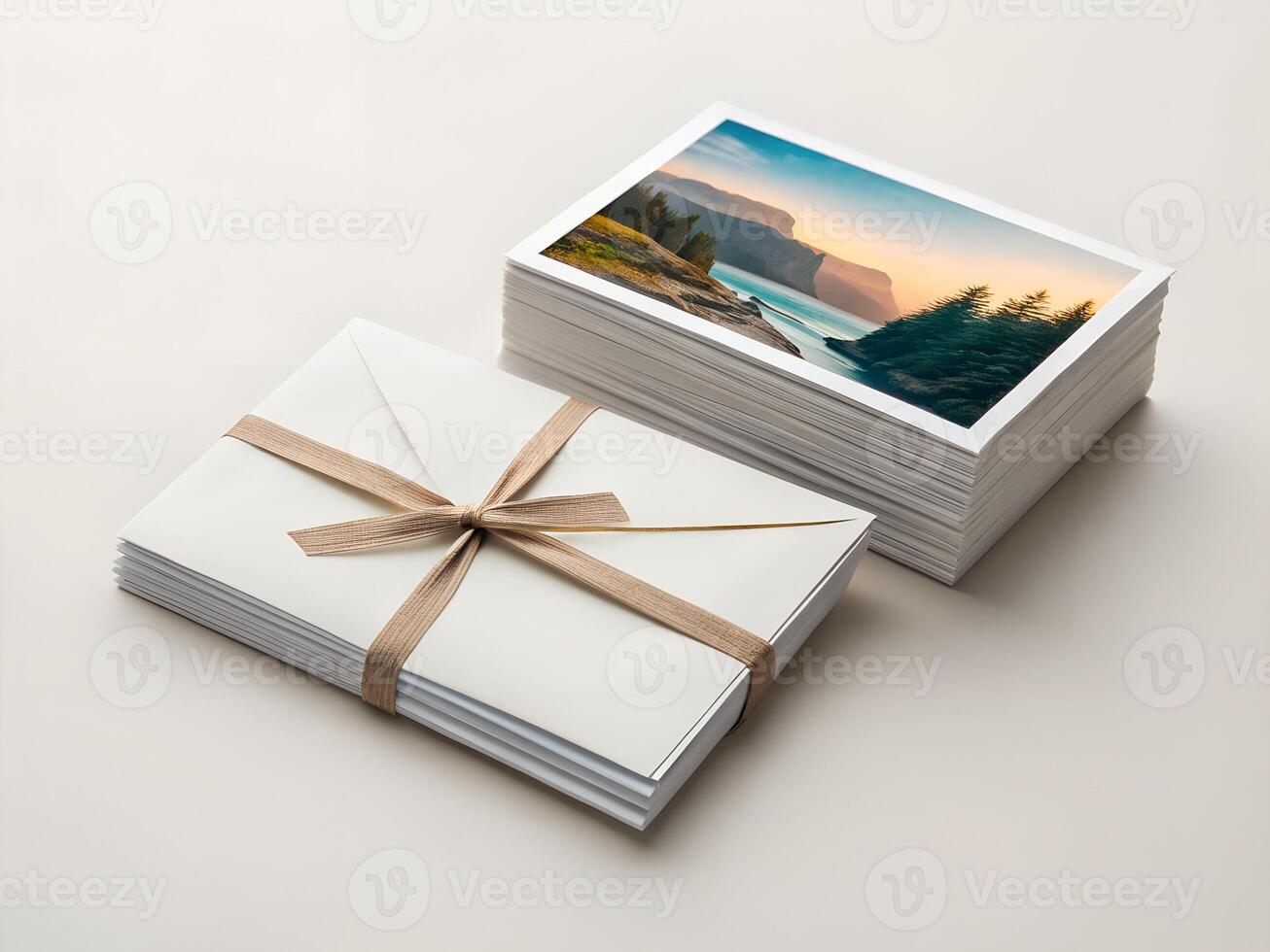 Stack of Off White Envelopes Tied with Beige Ribbon Next to Stack of Photo Prints Showing Coastal Sunset Landscape