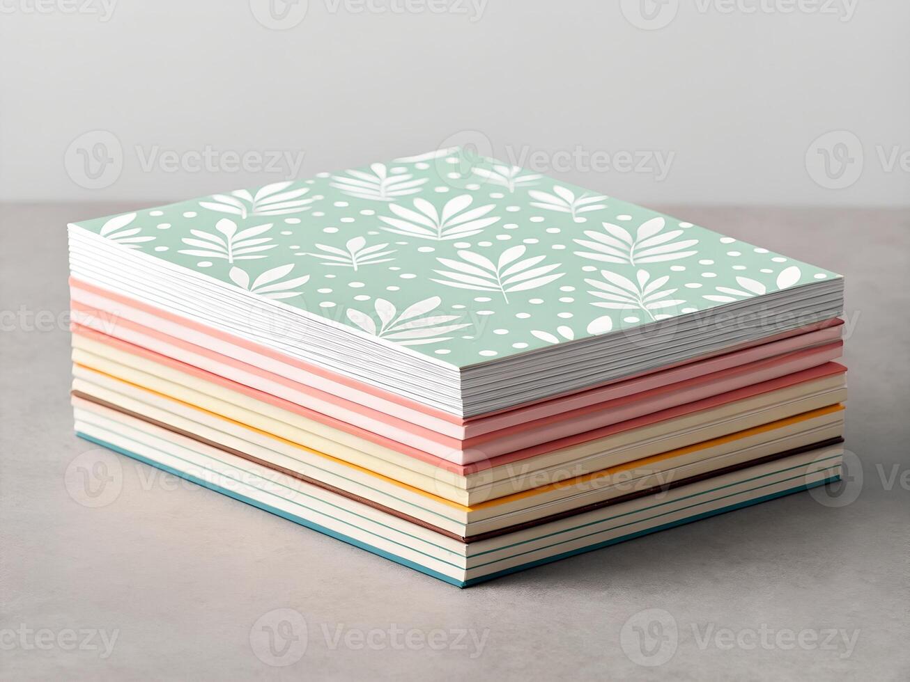 Stack of Pastel Notebooks with Leaf Pattern on Gray Surface photo