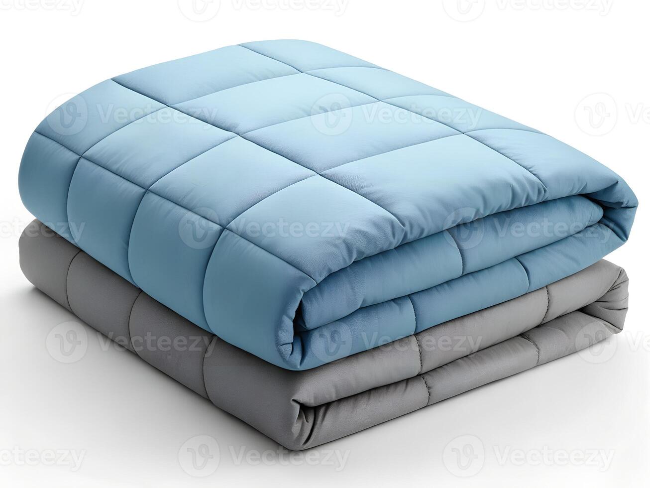 Blue and Gray Quilted Weighted Blankets Folded on White Background photo